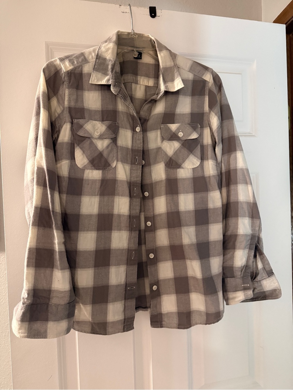 Eddie Bauer Taupe and White Plaid Button-Down Shirt